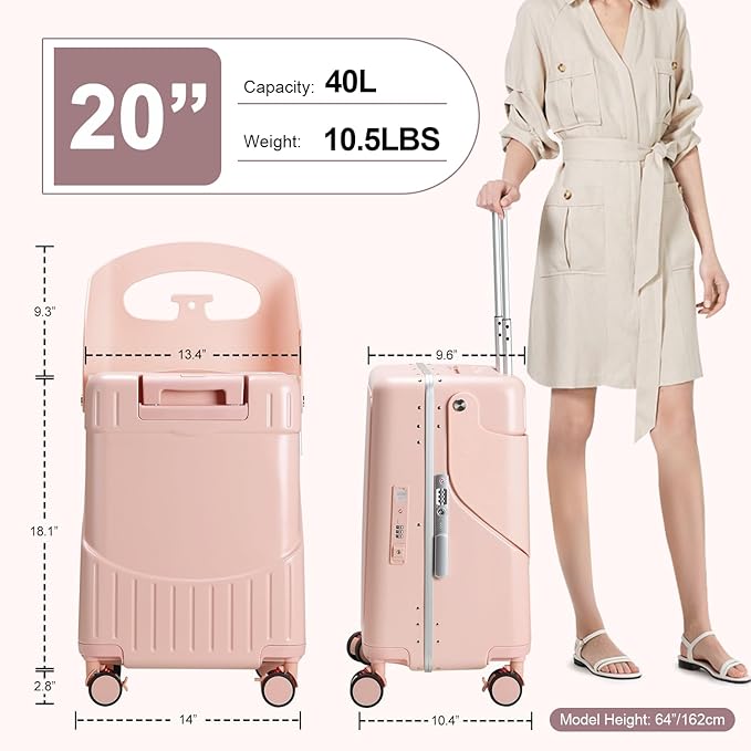 Ride On Luggage with Foldable Seat for Kids&Adults with Seat Belt,Hardshell Ride On Suitcase with Front Pocket,Lockable 4-Spinner Wheels,USB Port,TSA Lock,20 inch,Pink