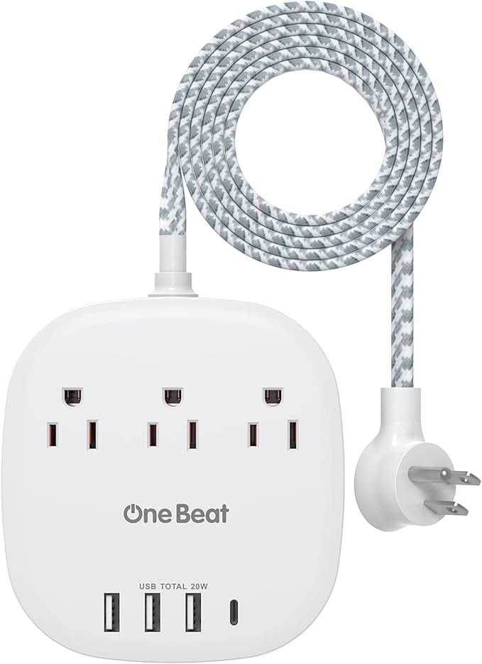 PD 20W USB C 3 Outlet 4 USB Ports Flat Plug Power Strip No Surge Protector for Cruise Ship Travel, 5 ft Long Extension Cords, Power Delivery, Desktop Power Strip for Dorm Home Office