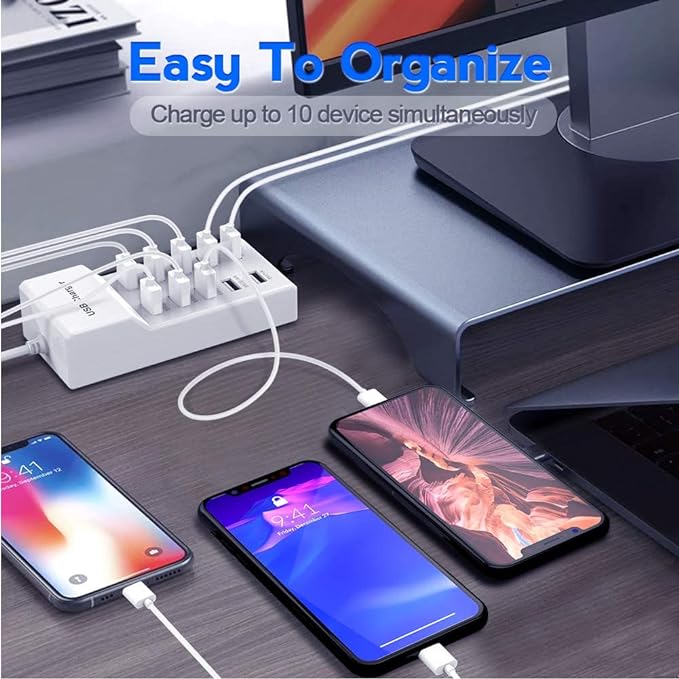 10-Port USB Wall Charger Station with Rapid Charging Auto Detect Technology Safety Guaranteed Family-Sized USB Ports for Multiple Devices Smart Phone Tablet Laptop Computer