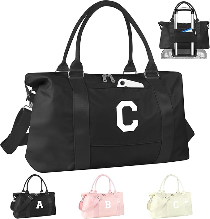 Initial Travel Duffel Bag Sports Gym Bag for Boys Teen Birthday Gifts,Black Personalized Weekender Bag Carry On Tote Bags for Men,Waterproof Overnight Luggage Bag Airplane Travel Essentials(Letter C)