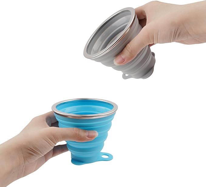 2 Pack Collapsible Silicone Travel Cups with Lids Portable Folding Camping Cups (Blue & Orange)
