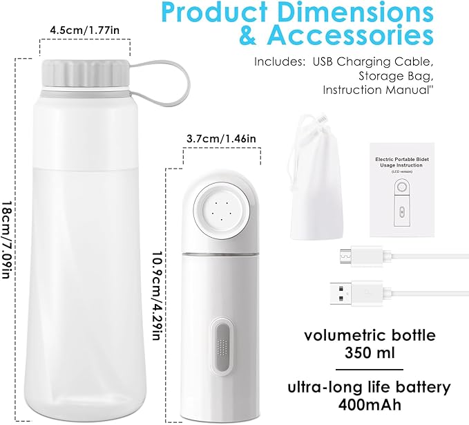 Portable Electric Travel Bidet, 350ML Electric Sprayer Bidet with Built-in Body for Easy Storage, Two Pressure Modes for Personal Hygiene Cleaning for Women and Men , White