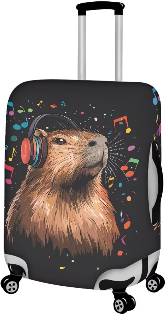 Capybara Luggage Cover Fits 18-21 Inch Luggage Anti-Scratch Spandex Zipper Suitcase Cover Protector Washable Stretchable Travel Baggage Case Cute Travel Essential, Music Note, Size S