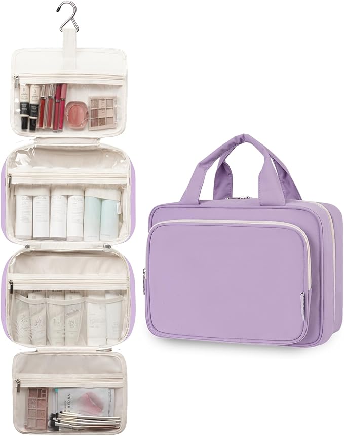 Travel Toiletry Bag for Women Large Hanging Makeup Bag Organizer Toiletries Bag for Full Size Essentials Accessories Cosmetics (Purple (Large))