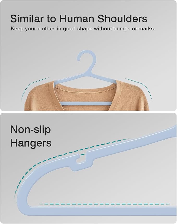 100 Pack Clothes Hangers, Non Slip Plastic Coat Hangers, Space Saving, Heavy Duty, Hanging Dry Wet Clothes, 16.4" x 8.3", Light Blue, UAPY05100L