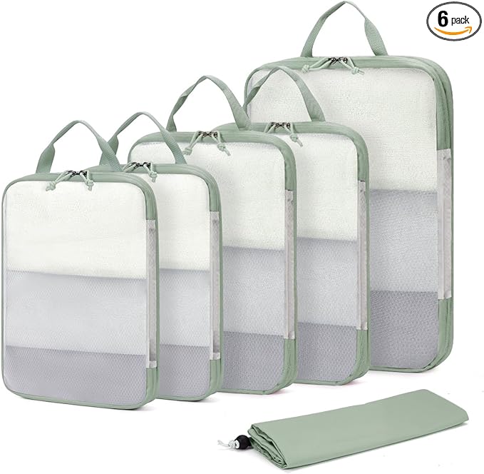 ECOHUB 6 Set Compression Packing Cubes, Lightweight Vacation Travel Essentials, Durable Travel Accessories for Suitcase Carry On Luggage Organizer Bags Set with YKK Zippers Shoe Bag, Green