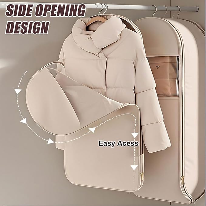 Space Saving Hanging Garment Bag with Self Compression Zipper, Space-Saving Dust-Proof Down Jacket Compression Storage Bag for Coats Blankets, Sweaters, Seasonal Clothes(Beige, L)