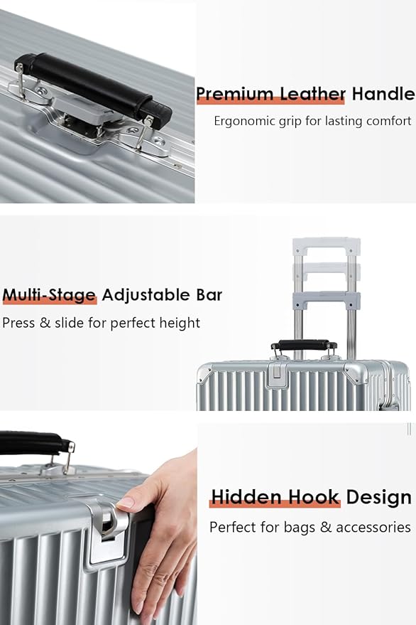 HotWay 26 Inch Hardside Checked Luggage with Leather Handle, PC Zipperless Suitcase with Spinner Wheels and TSA Locks, Lightweight Checked Luggage for Travel, Silver