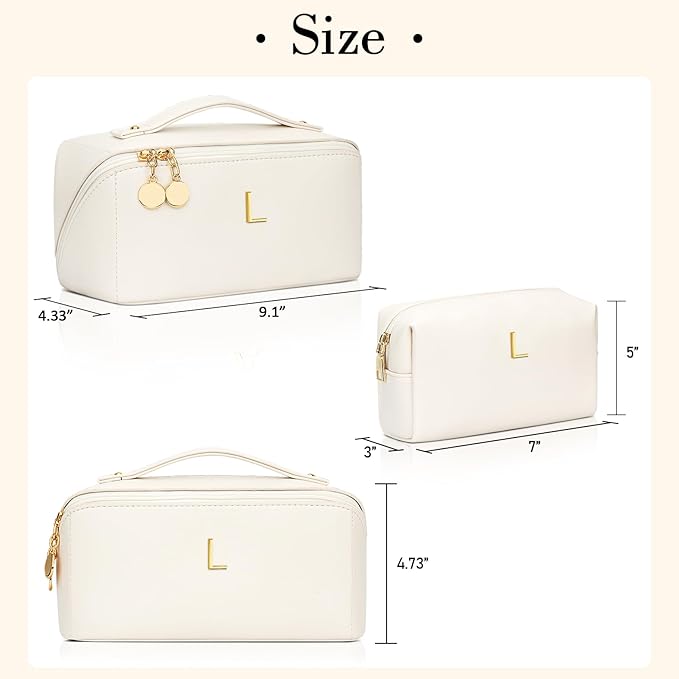 Birthday Gifts for Women Teen Girl, Personalized Initial Makeup Organizer Bag Set, Open Flat Travel Cosmetic Bag With Clear Divider and Handle(Beige,L)