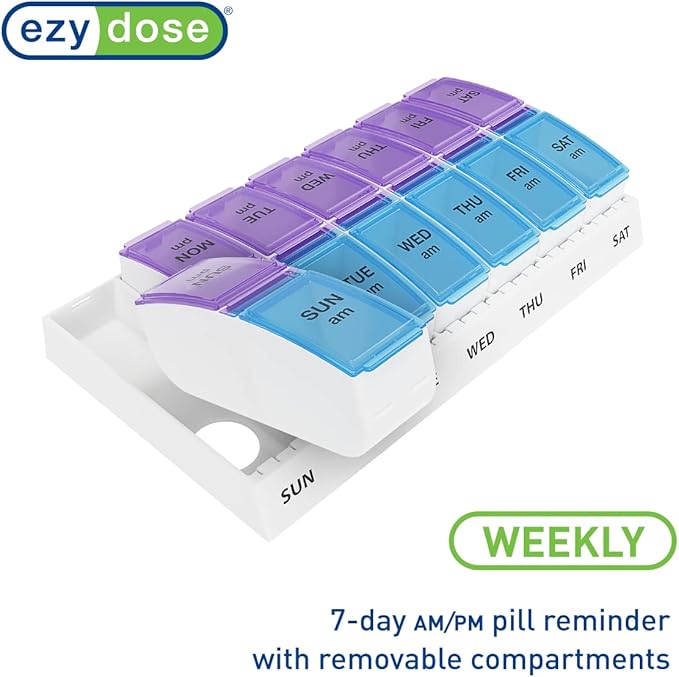 EZY DOSE Weekly (7-Day) AM/PM Pill Organizer, Vitamin and Medicine Box, Large Pop-out Compartments, 2 Times a Day, Blue and Purple Lids