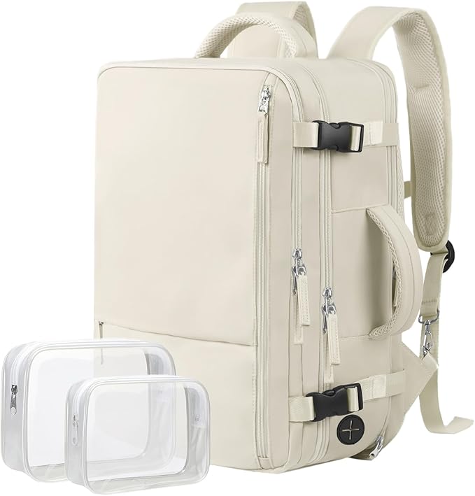 Hanples Large Travel Backpack for Women, 40L Carry on Luggage Backpack, College Laptop Backpack Airline Approved Business Work Bag Fits 17 Inch Computer for Men with 2 Toiletry Bags (Beige)