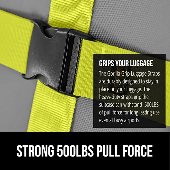 GORILLA GRIP Heavy Duty 4 Pack Adjustable Luggage Straps for Suitcases, Easy to Identify Travel Belt Connector Holds Suitcase Together, Extends Life of Bag, Strap Connects Two Bags, Accessories Yellow