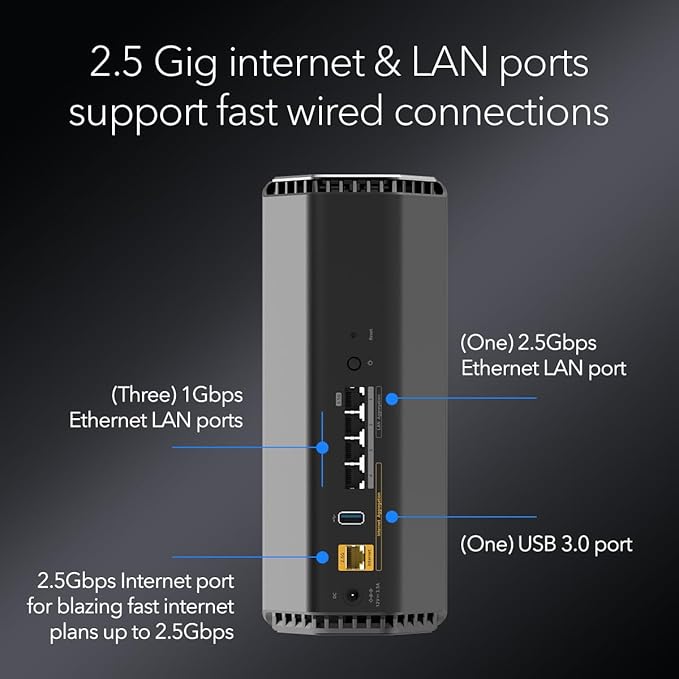 NETGEAR Nighthawk Tri-Band WiFi 7 Router (RS500) – Security Features, BE12000 Wireless Speed (up to 12 Gbps) - Covers up to 3,000 sq. ft., 120 Devices – 2.5 Gig Internet Port - Free Expert Help