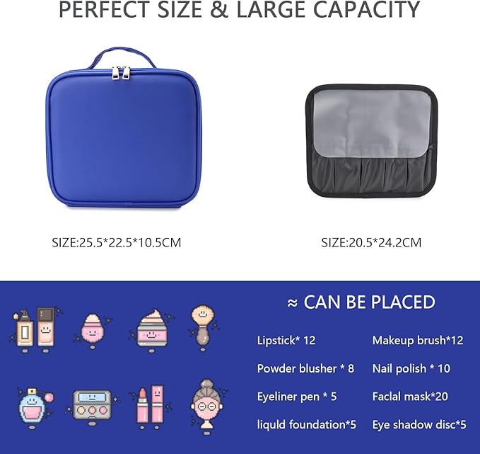 Makeup Bag with Led Mirror,Travel Makeup Organizer with 3 Color Setting, Portable Storage and Adjustable Dividers Travel Makeup Bag(dark blue)