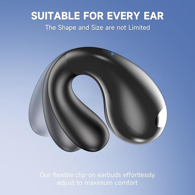 Open Ear Earbuds Wireless Bluetooth 5.4 Earphones, Flexible Clip On Ear buds with 36H Playtime LED Display Bone Conduction Headphones, IPX7 Waterproof Light Weight Earbuds Fit for Every Ear, Sports
