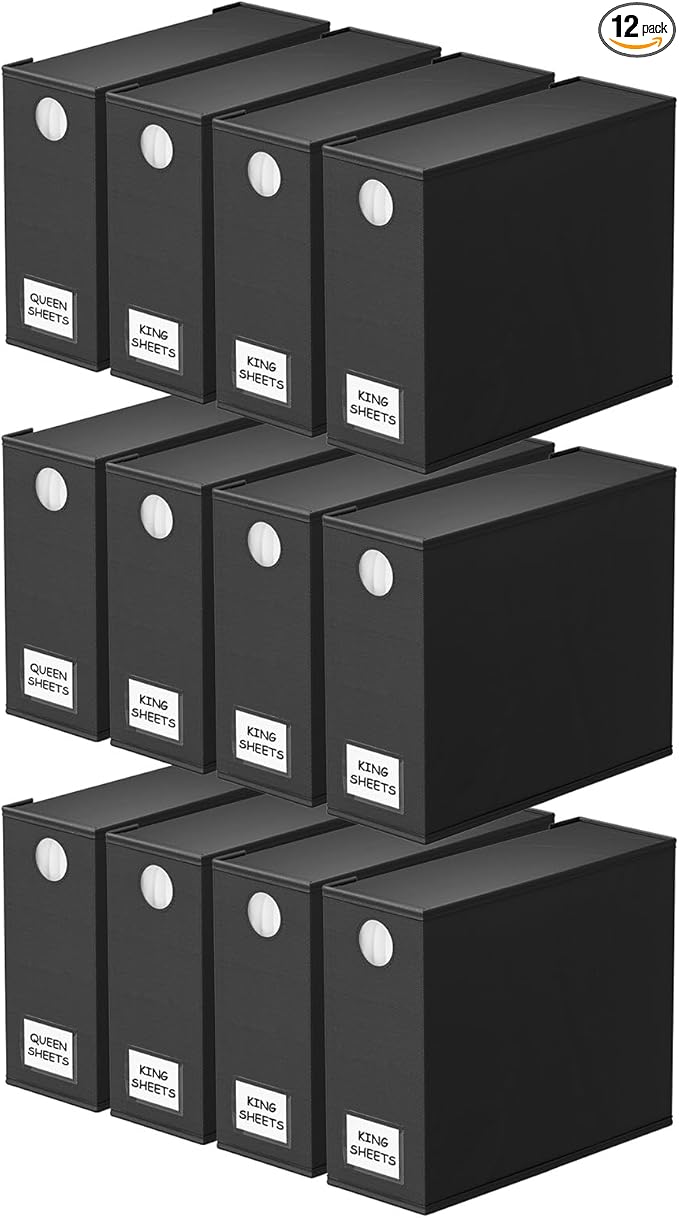 SpaceAid 12 Pack Bed Sheet Organizers and Storage, Foldable Sheet Organizer for Linen Closet, Set Folder Keeper with Window XL (Queen & King Size) Bedding Container (Black)