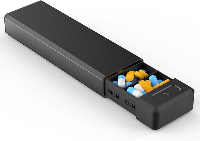 HEIYING Pill Organizer with Aluminum Shell for One Week Capacity, Portable 7 Compartments Pill Box Container to Hold Vitamin, Medicine, Supplements