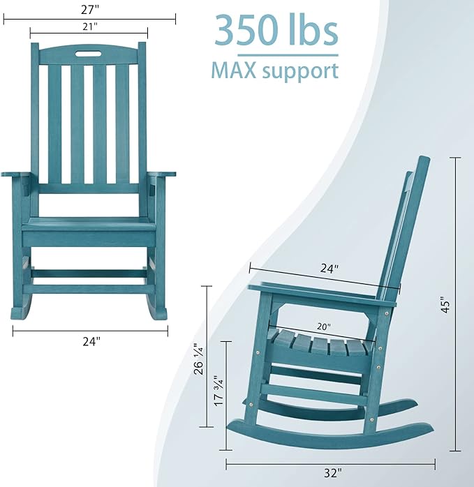 Psilvam Oversized Outdoor Rocking Chair, with 21" Wide Seat and 32" Tall Backrest, Pre-Assembled with Most Components for Effortless Installation (Blue)