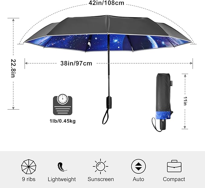 G4Free 42 Inch Eco Windproof Folding Umbrella for Rain & Sun 9 Ribs Wind Resistant Strong Fiberglass Double Canopy with Reflective Strip for Women Men Auto Open Close For Car & Backpack
