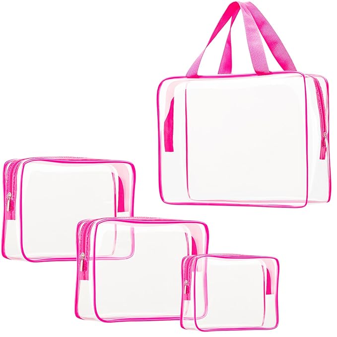 4Pcs Crystal Clear PVC Travel Toiletry Bag Kit for Women Men, Waterproof Vinyl Packing Organizer Storage Bags with Zipper Handle Straps, Cosmetic Pouch Carry on Airport Airline Compliant Bag Handbag