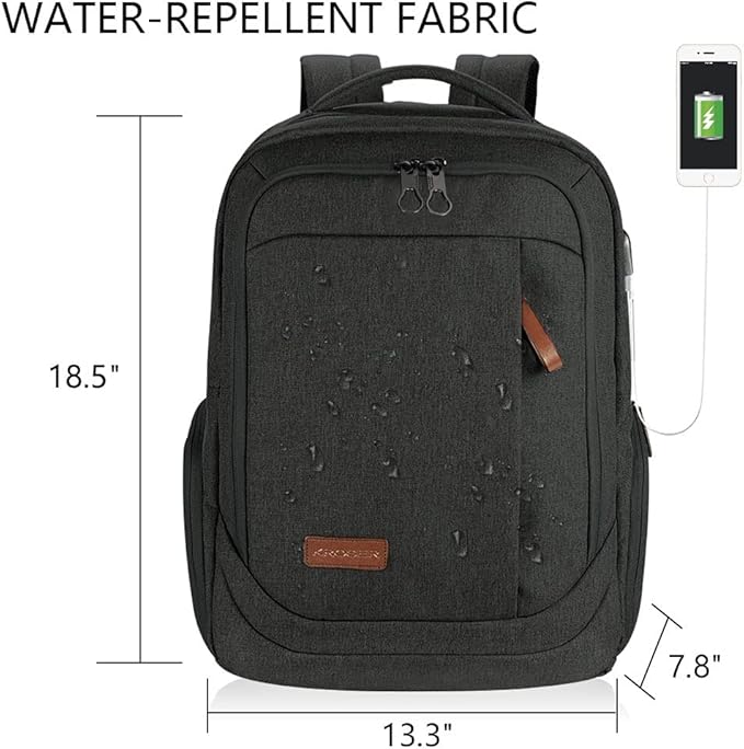 KROSER Laptop Backpack Large Computer Backpack Fits up to 17.3 Inch Laptop with USB Charging Port Water-Repellent Travel Backpack Casual Daypack for Business/College/Women/Men-Charcoal Black