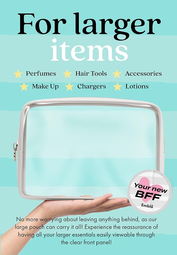 Clear Makeup Bag Zipper Pouch, Transparent Cosmetic Case Organizer, TSA Approved Travel Toiletry Case, Travel Accessories Essentials Makeup Tote for Women, Large Cute Make up Bag for Purse - White