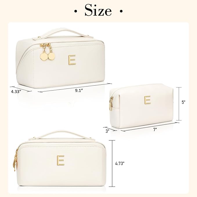 Birthday Gifts for Women Teen Girl, Personalized Initial Makeup Organizer Bag Set, Open Flat Travel Cosmetic Bag With Clear Divider and Handle(Beige,E)