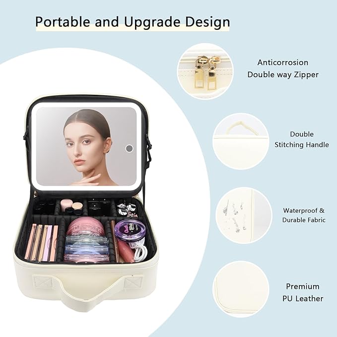 Makeup Bag with Led Mirror,Travel Makeup Organizer with 3 Color Setting, Portable Storage and Adjustable Dividers Travel Makeup Bag(White)