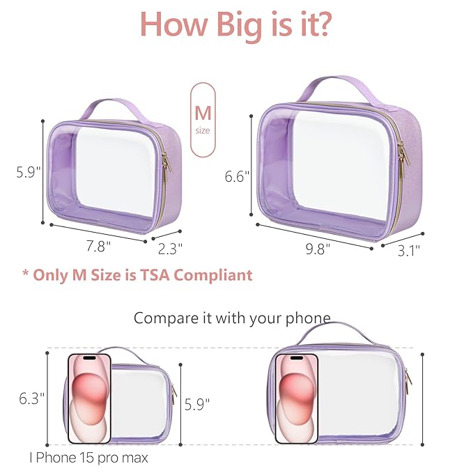 PACKISM TSA Approved Toiletry Bag - Glitter Textured Clear Travel Bag, Personalized and Fashion, with 180° Large Opening and Supporting Frame, Perfect for Travel Essentials, Thick No Smell, Purple