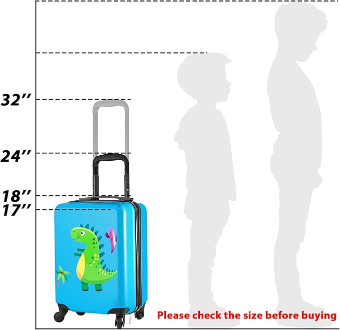 Sanwuta 4 Pcs Kids Luggage Set Kids Backpack Travel Rolling Suitcase with Wheels U-shape Pillow Childrens Gift for Girls Boys(17 Inch,Dinosaur Style,Blue)