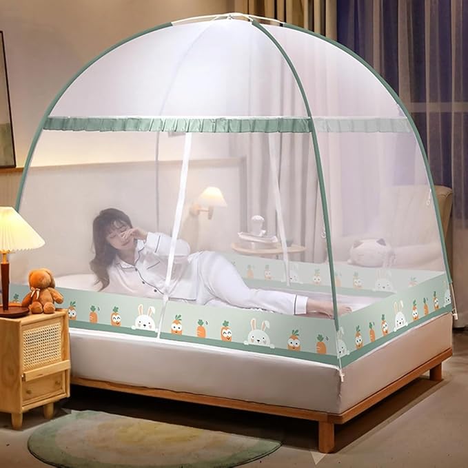 Pop-Up Mosquito Net Tent for Beds Portable Folding Canopy with Net Bottom, Fits Twin to King Size 79x71x59inch, Easy Install Wash for Baby Adults, Indoor Outdoor Use (Green RABIT-King Bed)