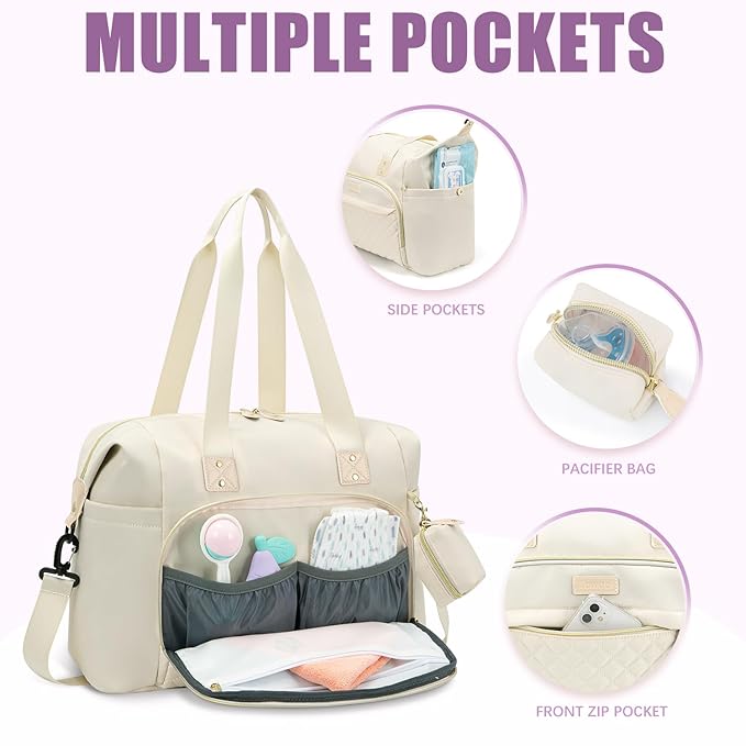 Tuwubi Diaper Bag Tote,Baby Diaper Bag with Pacifier Case Large Travel Diaper Tote Caddy for Mom and Dad Multifunction Large Baby Bag - White