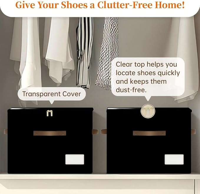 Shoe Organizer for Closet, Foldable Shoe Storage Containers, Fits up to 16 Pairs, Large Shoe Storage Organizer Box Cubby Baskets Bins with Clear Cover and Reinforced Handles, Black