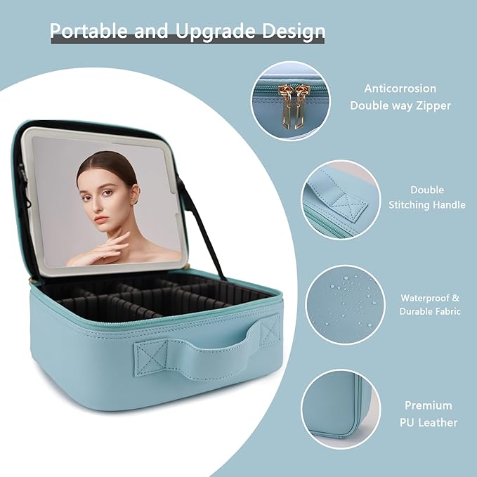 Makeup Bag with Led Mirror,Travel Makeup Organizer with 3 Color Setting, Portable Storage and Adjustable Dividers Travel Makeup Bag(baby blue)
