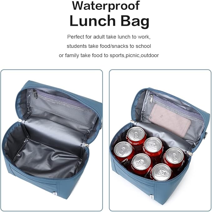 NOL Natural Organic Lifestyle Small Insulated Lunch Bags for Women Cooler Bag Lightweight Nylon Waterproof Lunch Box For Work (Small, Dusty blue)
