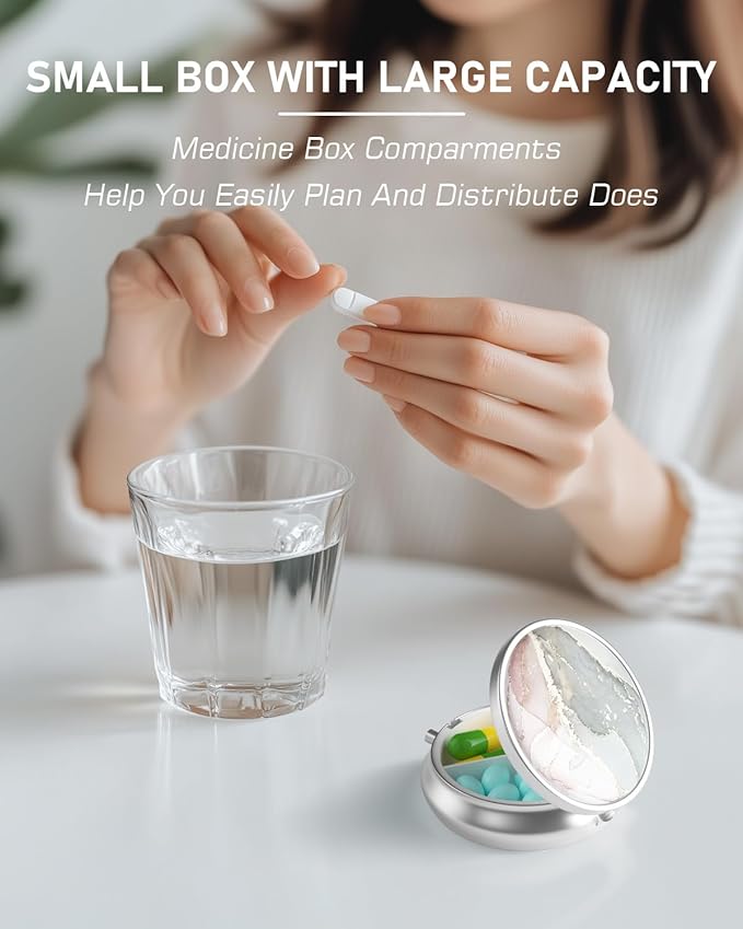 Pill Box, 3 Compartment Portable Travel Medicine Box with Mirror, Compact and Cute, Fits in Purse and Pocket, Medicine and Vitamin Organizer (Grey Pink Marble)