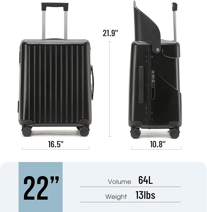 22 Inch TSA Lock Luggage with Seat for Adults and Kids,Check in Lockable Spinner Wheels Suitcase with Belt and Cover (TSA Luggage with Seat Black)