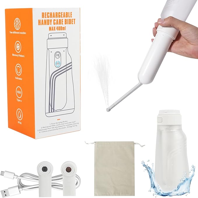 Portable Bidet, Electric Rechargeable Women's Perineal Bottle, 400ml Water Tank, 3 Pressure Modes, with 2 Replaceable Nozzles, Suitable for Men, Women, Babies and Postpartum Cleaning (White)