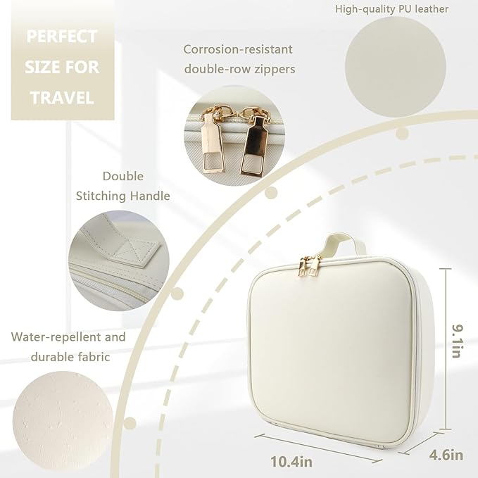 Travel Makeup Bag for Makeup Artists Large Makeup Case,with Mirror 3 Color Setting and Detachable 10x Magnifying Mirror Travel Makeup Bag,Portable Storage and Adjustable Dividers（white）