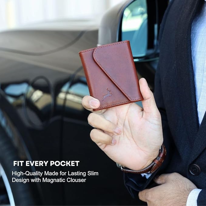 Leather RFID Wallet for Men, Slim Leather Mens Wallet, Handcraft Men's Wallets, Card Cases & Money Organizers, Magnetic Closure Sleek RFID Blocking Thin Mens Wallets with 9-12 Card Slots & Gift Box