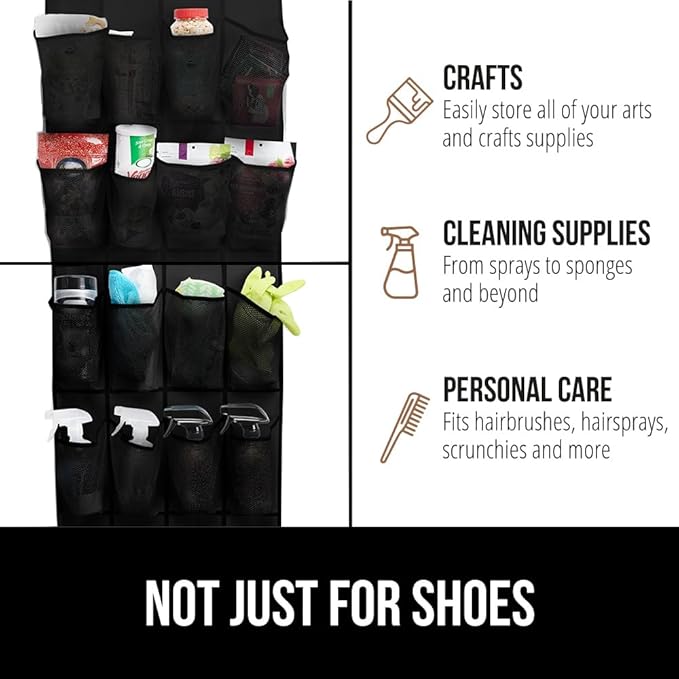 GORILLA GRIP Over the Door Shoe Organizer, 35 Large Breathable Mesh Pockets, Space Saving Hanging Storage Holder, 5 Hook Closet Rack Hanger, Hangs on Closets for Shoes, Accessories 68.5H x 24.5W Black
