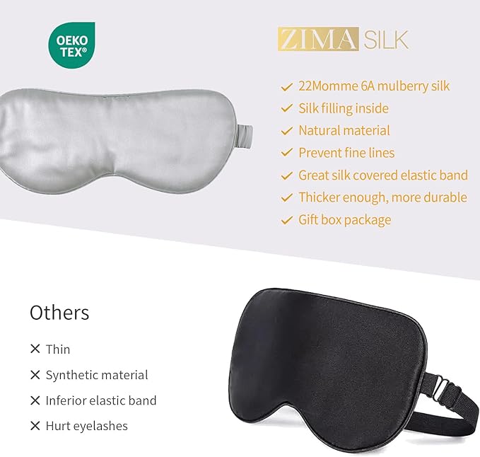 ZIMASILK Adjustable 100% 22 Momme Mulberry Silk Sleep Mask for Sleeping, Filled with Premium Mulberry Silk, Softest & Breathable Eye Sleeping Mask (Light Grey)
