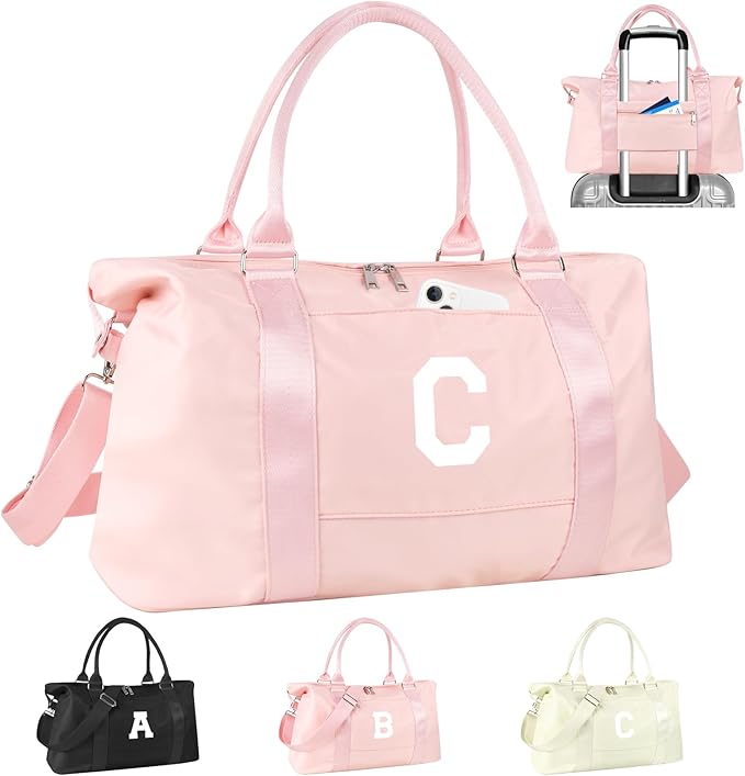 Initial Travel Duffel Bag Sports Gym Bag for Girls Teen Birthday Gifts,Pink Personalized Weekender Bag Carry On Tote Bags for Women Men,Waterproof Overnight Luggage Bag with Trolley Sleeve(Letter C)