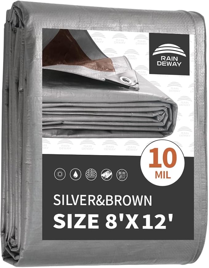 RAINDEWAY Tarps Heavy Duty Waterproof 8x12 Feet, 10Mil Multipurpose Poly Tarp Cover with Metal Grommets Camping Tarpaulin, Silver/Brown Tarp Finished Size