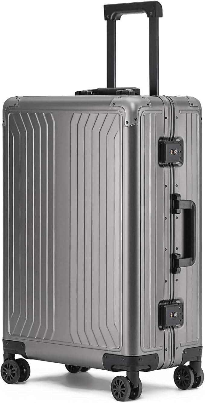 Metal all aluminum carry-on suitcase 20 "hard face, TSA lock and rotating wheel zippered luggage set (dark grey, 28 '')