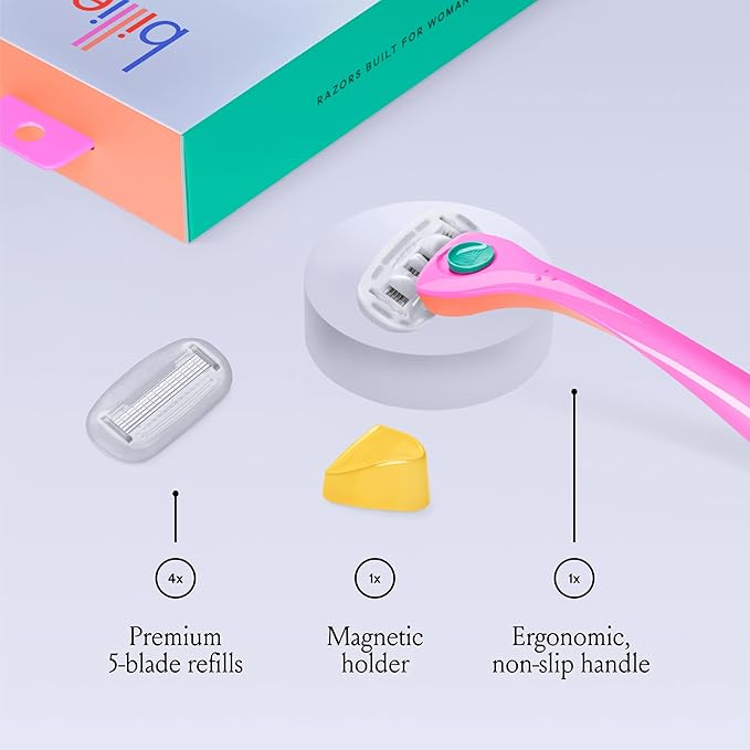 Billie Razors for Women Shave Kit – Women’s Razor + 4 x 5-Blade Razor Refills + Magnetic Holder – Malibu