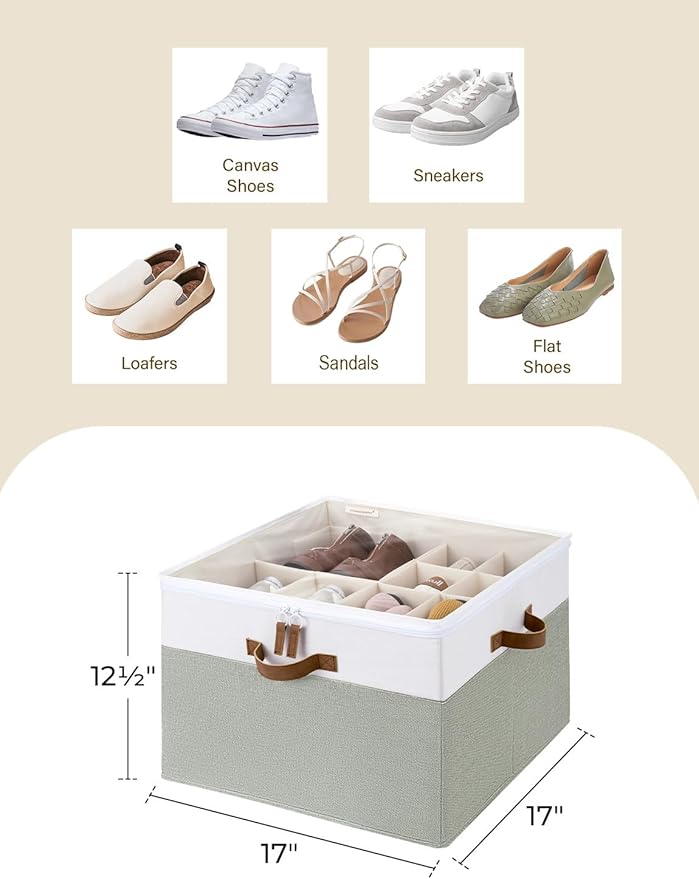 StorageWorks Shoe Organizer for Closet, Fits up to 16 Pairs, Shoe Cubby Storage Containers with Adjustable Dividers and Clear Cover, Green & White