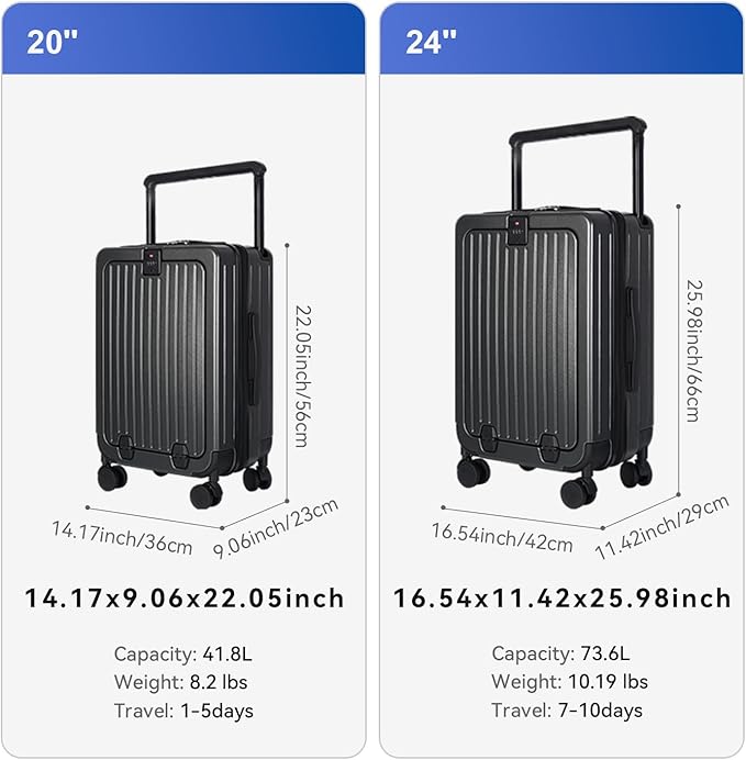 SOKOK Front Pocket Luggage Carry On with Spinner Wheels, Wide Handle Travel Suitcase PC Hardshell Durable Rolling Luggage for Business Trip with Charging Port and Cup Holder, Graphite