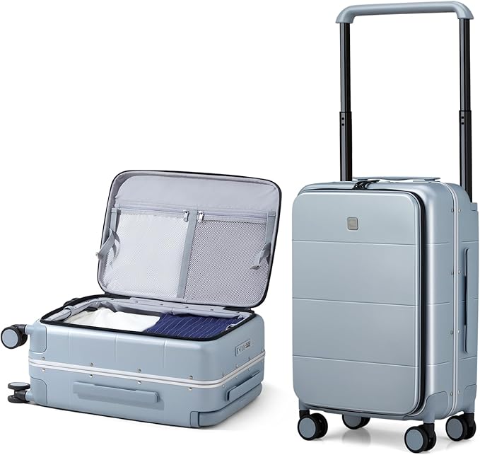 Hanke Top Opening Carry On Luggage, 20 Inch Zipperless Aluminum Frame Wide Handle Luggage, All-PC Hard Shell Trunk Suitcase with Spinner Wheels, TSA Airline Approved (Grey, 40L)