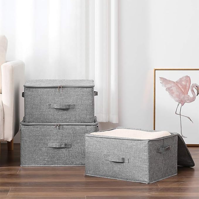 ANMINY 2PCS Storage Bins with Zipper Lids 36 Qt Lidded Fabric Storage Boxes Baskets Cubes with Handles Collapsible Washable Cotton Linen Closet Shelf Clothes Organizer Containers - Gray, Large